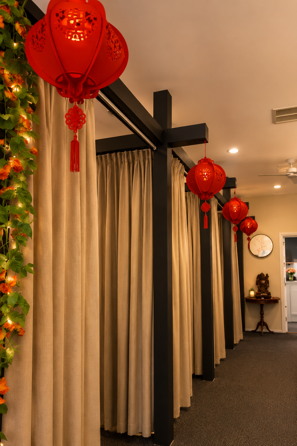 Tranquil hallway decorated with red lanterns and flowing curtains