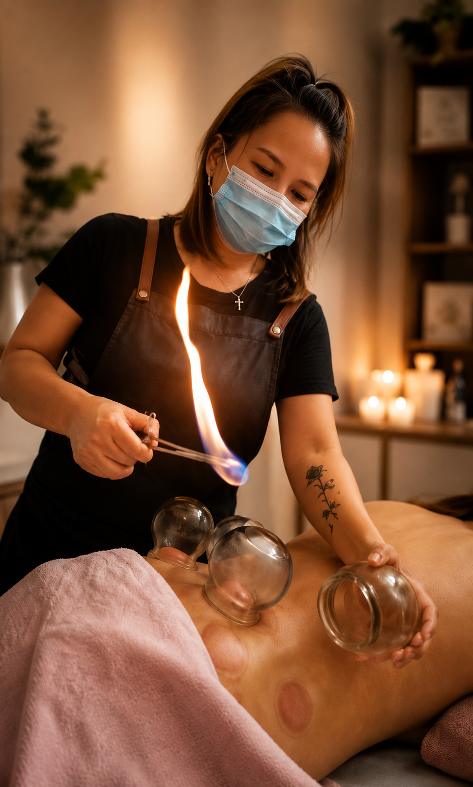 Helen performing professional fire cupping therapy